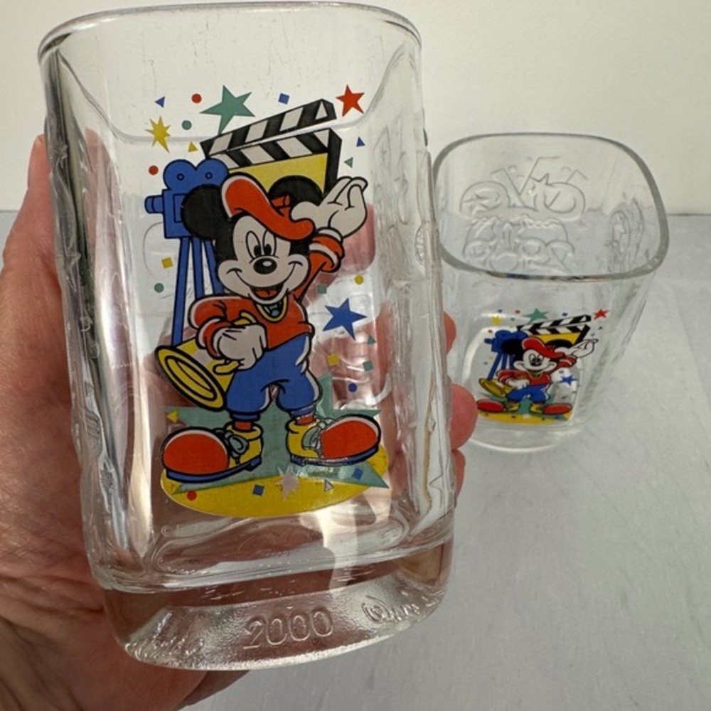 McDonalds Disney World 16oz Glass Set Clear Square 2000 Mickey Millennium